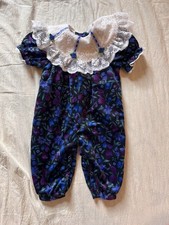 Vintage Floral One Piece Velvet Jumpsuit Frilly Collar Size 12M Baby Girls