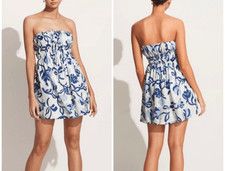 Faithfull the Brand Palmira 100% Linen Floral Strapless Mini Dress Small
