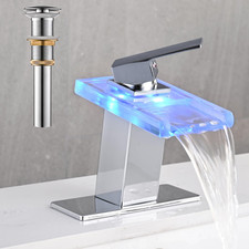 LED Bathroom Sink Faucet, Chrome Waterfall Single Hole Handle Vanity Faucets for