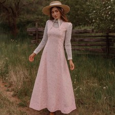 Vintage 70s Pink Floral Prairie Maxi Dress Eyelet Lace High Neck Victorian Boho