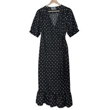 Urban Outfitters Floral Black Wrap Midi Dress Ruffle Size M Satin Puff Sleeve