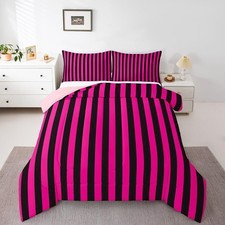Jejeloiu Hot Pink Black Duvet Quilt Stripes Geometric Bedding Set For Kids Boys
