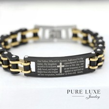 Men 8.5"Stainless Steel Black Bible Verses Bike Link, Gold Plated Bracelet Box