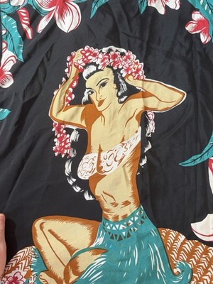 Avanti Hawaiian Shirt Mens L Silk Floral Hula Girl Print Aloha Vintage Style