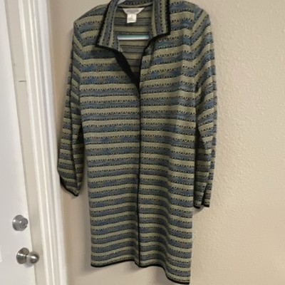 Misook Women's Petite L Striped Knit Cardigan Sweater Green Blue Button Front