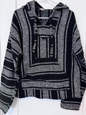 Striped Baja Poncho Hoodie Black  White Mexico Made Pullover vintage,Y2K