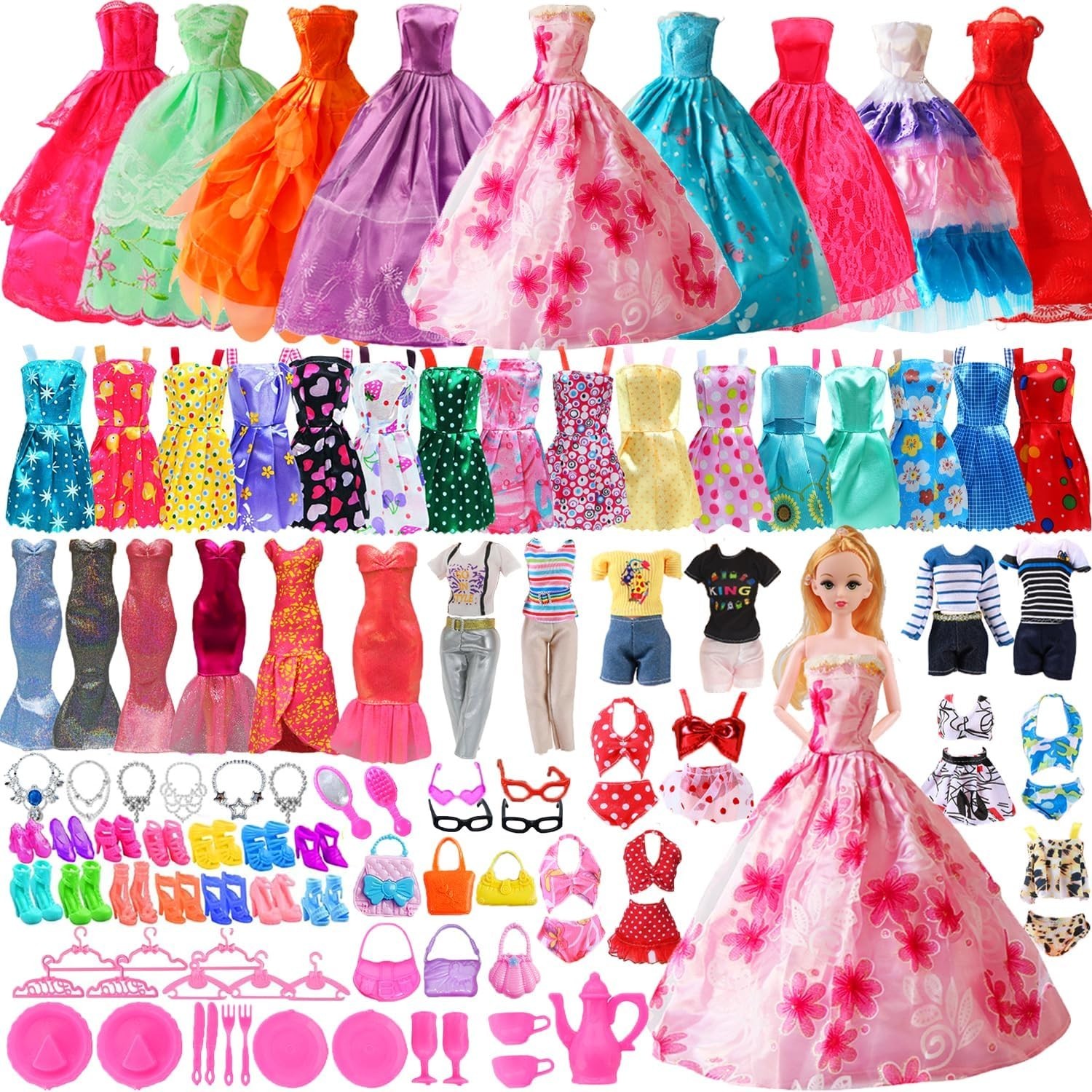 98 PCS Barbie Clothes Doll Fashion Wear Clothing Outfits Dress up Gown Shoes Lot