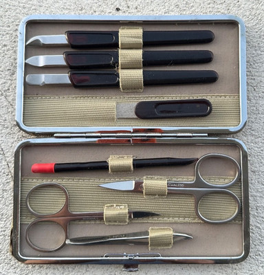 Vintage stainless steel 8 piece manicure set in case likely never been used