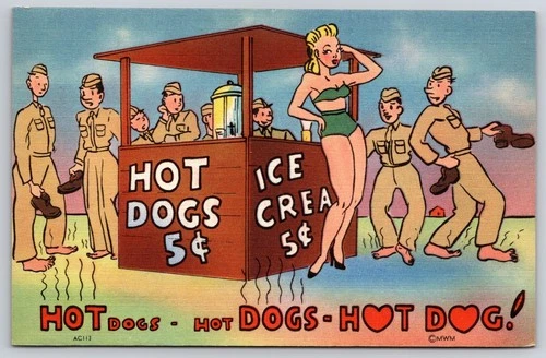 Postcard WW2 Era Military Humor Army Hot Dog Stand Pretty Woman AH6