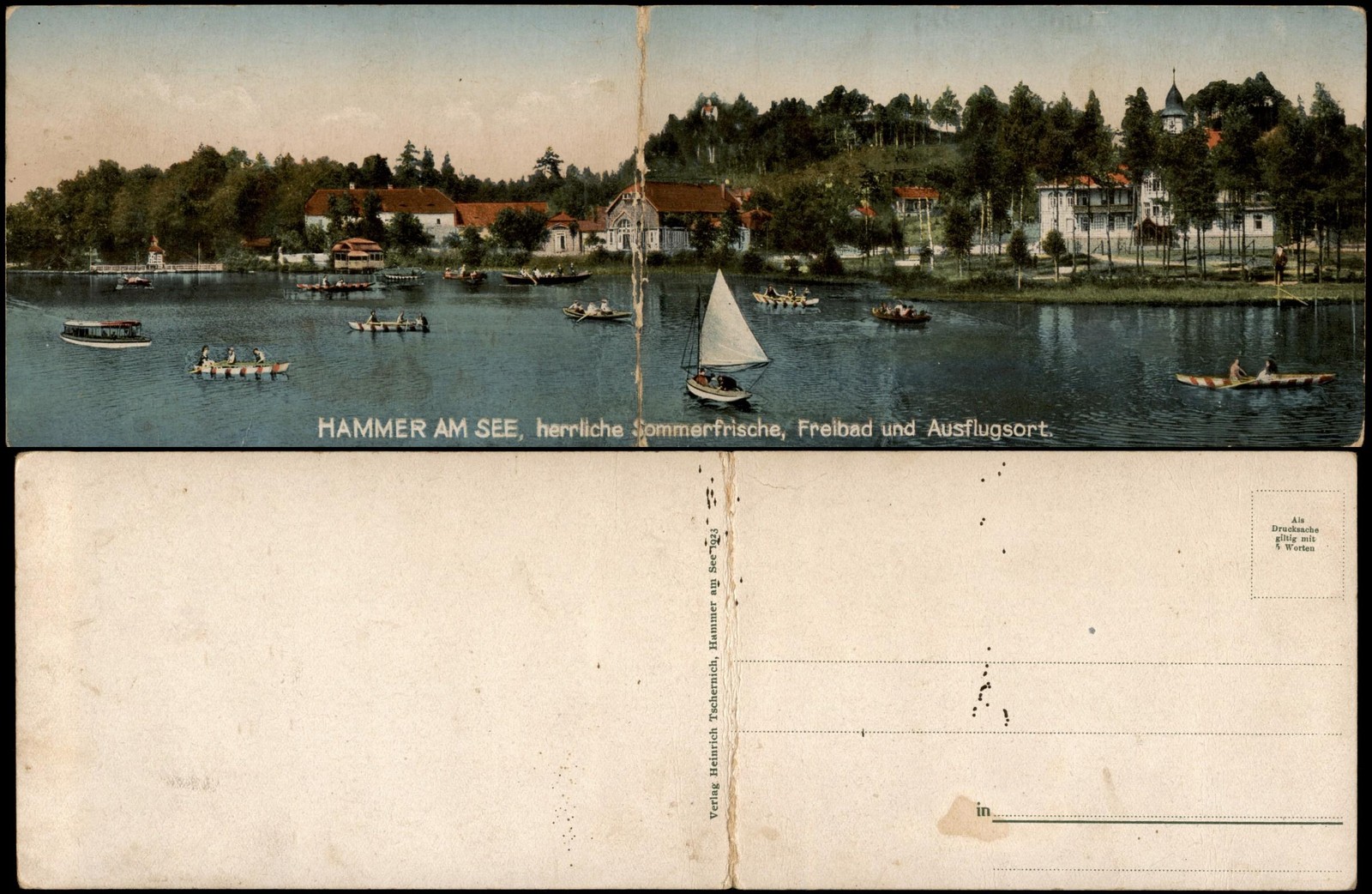 Hammer am See Hamr na Jezeře 2 teilige Klappkarte Boote Restaurant 1923