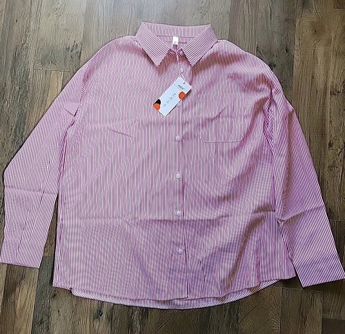 AISEW Womens Red & White Striped Long Sleeve Button Shirt Sz L Cotton/polyester
