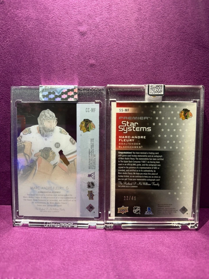 JUEGO MARC-ANDRE FLEURY 2020-2021 UD CORTE TRANSPARENTE 8/10 UD PREMIER STAR SYSTEMS 22/49 Foto 2 de 4