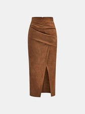 COMMENSE Draped Slit Suede Effect Midi Skirt - size XSmall