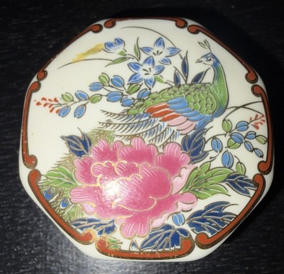 Vintage Lidded Trinket Box Shibata Japan Octagonal Peacock Peony Porcelain