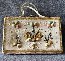 Vintage Wicker Picnic Basket Purse Handbag Floral Seashell Latch Made in Japan