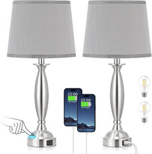 Dimmable Touch Control Bedside Lamps with USB Ports - Set of 2, Brushed Nickel