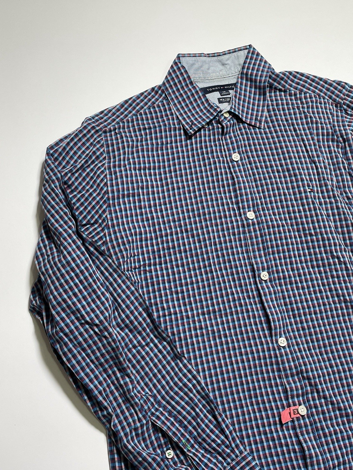 Tommy Hilfiger Mens Navy Blue Checkered Long Sleeve Button-Down Shirt Size Small