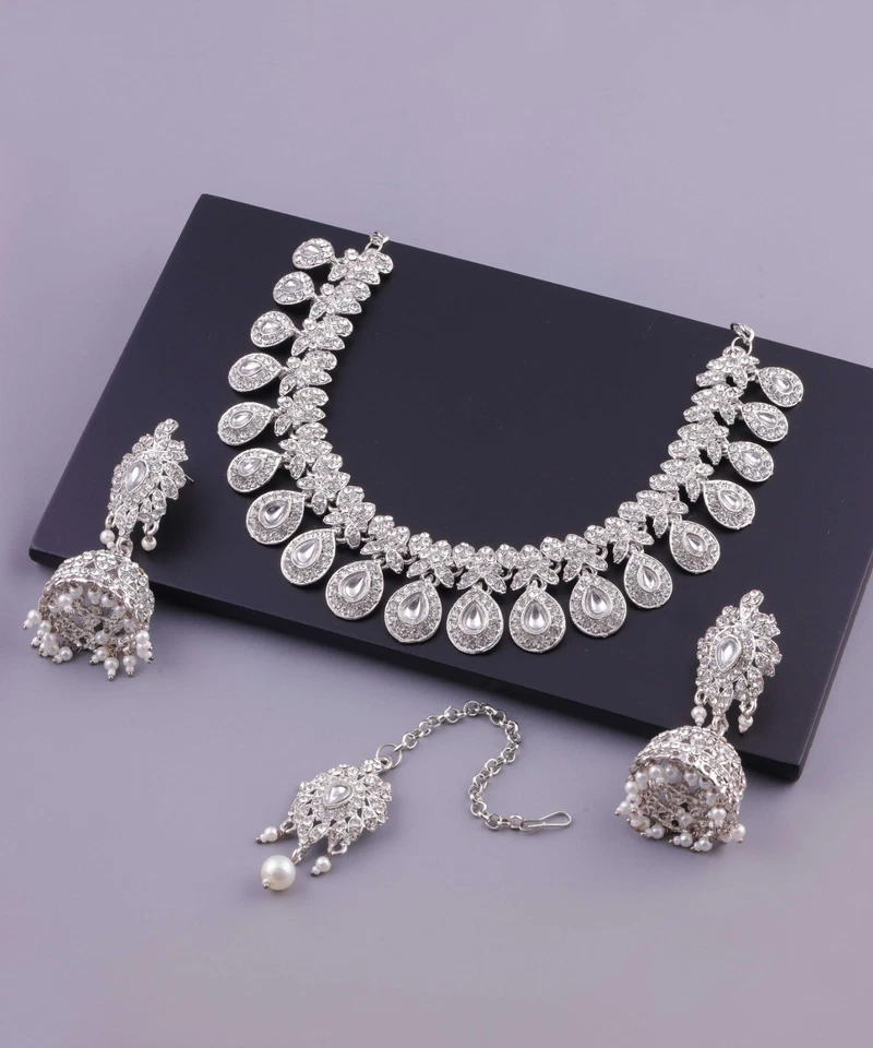 Болливуд посеребренные свадебные ювелирные изделия со стразами ожерелье серьги джумка комплект - Изображение 2 из 4