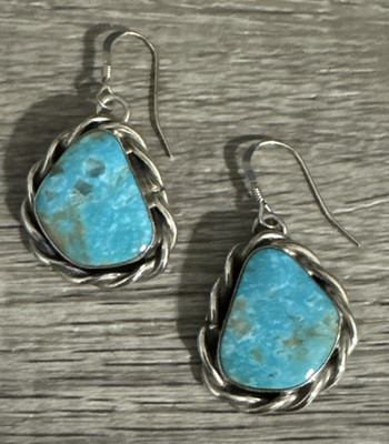 Navajo Native C Yazzie Handmade Turquoise Dangle Earrings Sterling Silver