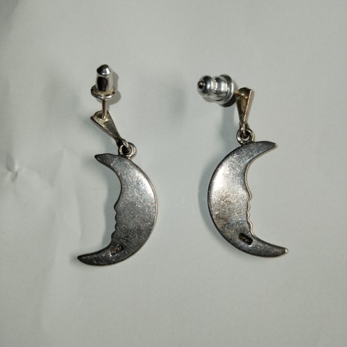 Vtg Estate Sterling Silver Crescent Moon Man Earrings Marcasite Dangle Celestial - Picture 8 of 11