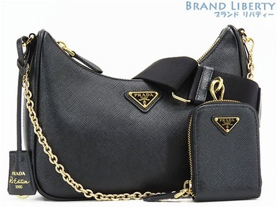 PRADA Re-Edition 2005 Black Gold Saffiano Leather Semi Shoulder Handbag 1BH204