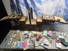 🔥 Vtg Wooden Accordion Sewing Box Romanian Handmade Chest W/ Buttons & More