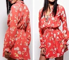 Free People Ruthie Orange Floral Long Sleeves Buttons Down Blouson Dress Large