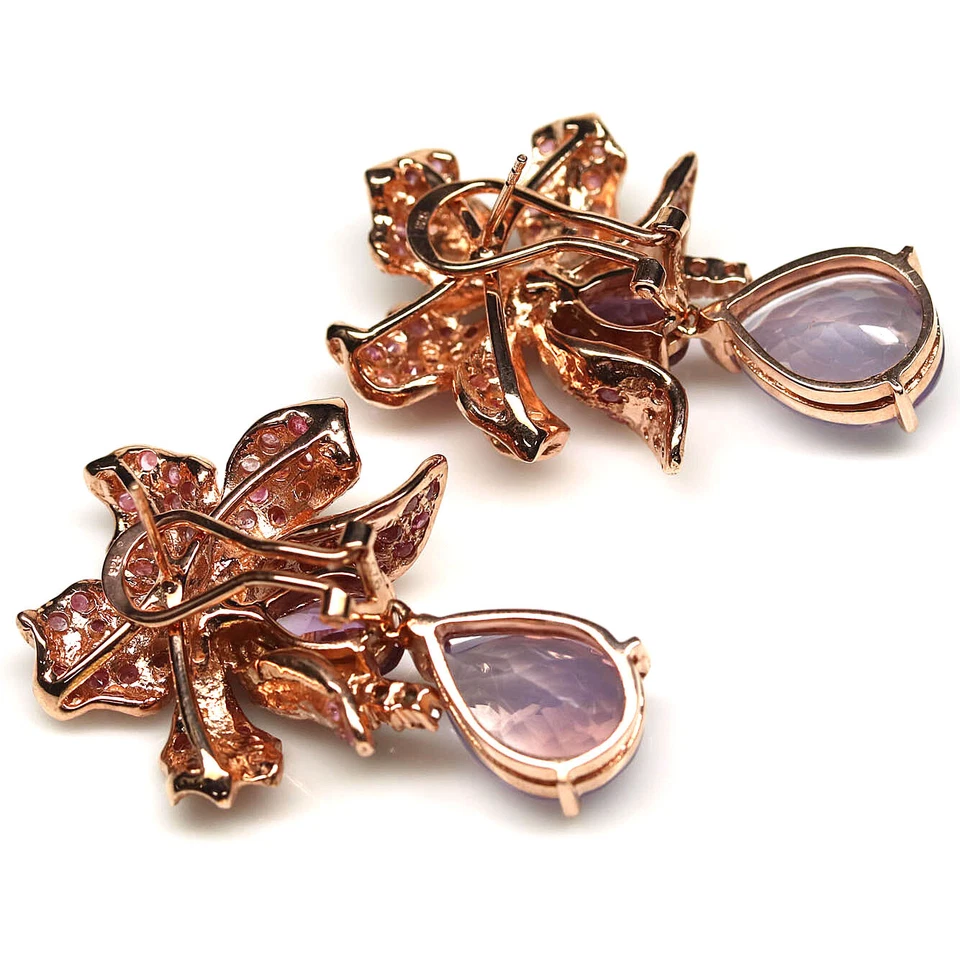 925 Silver 12 x 16 mm. Lavender Quartz, Amethyst & Sapphire Earrings Christmas - Image 3 of 4