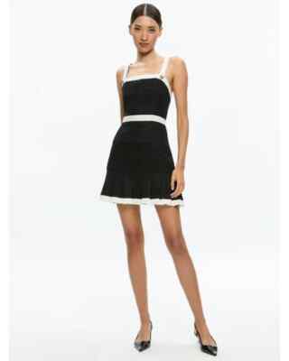 knee length dresses for ladies Alice + Olivia Clarine Square Pleated Mini Dress | BLACK/OFF White | Size 8