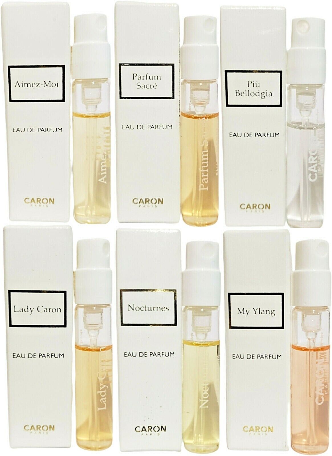 Caron Eau de Parfum Lot of 6 Sample Sprays Aimez-Moi My Ylang Piu Bellodgia 