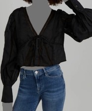 Blusa Top Imperio $300 Marco Negro Inserto Encaje Ramie Crochet Puff Talla XS