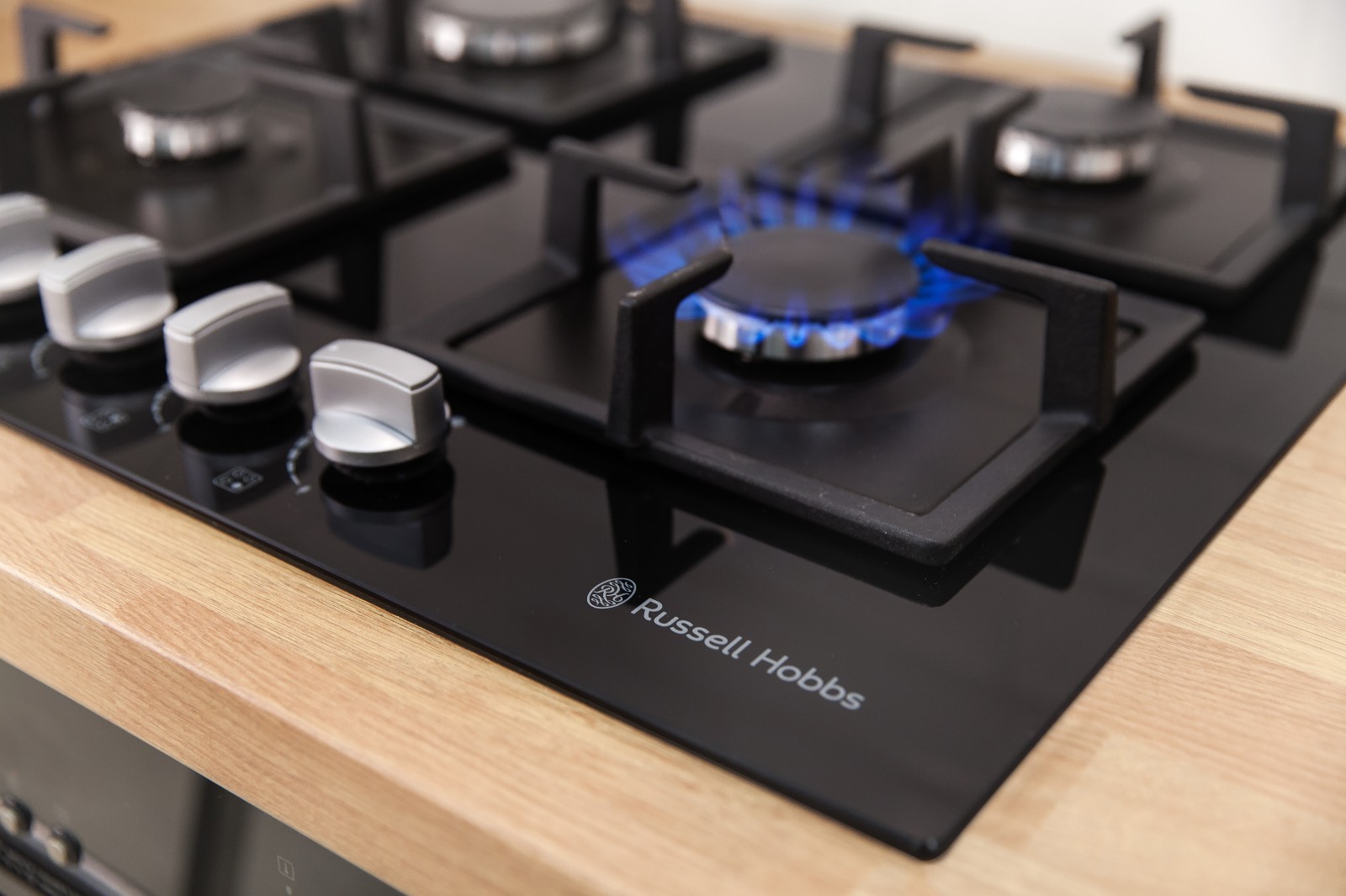 Russell Hobbs RH60GH402B 4 Burner Black Glass Gas Hob with Manual Dial