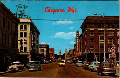 Postcard CHEYENNE, WY Wyoming ~ CAPITOL AVENUE Street Scene Theatre c1950s Cars