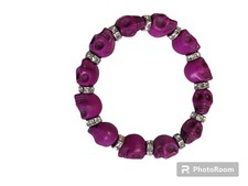Halloween 9" Fuchsia Skull Bead Bracelet Elastic With Rhinestone Rondells