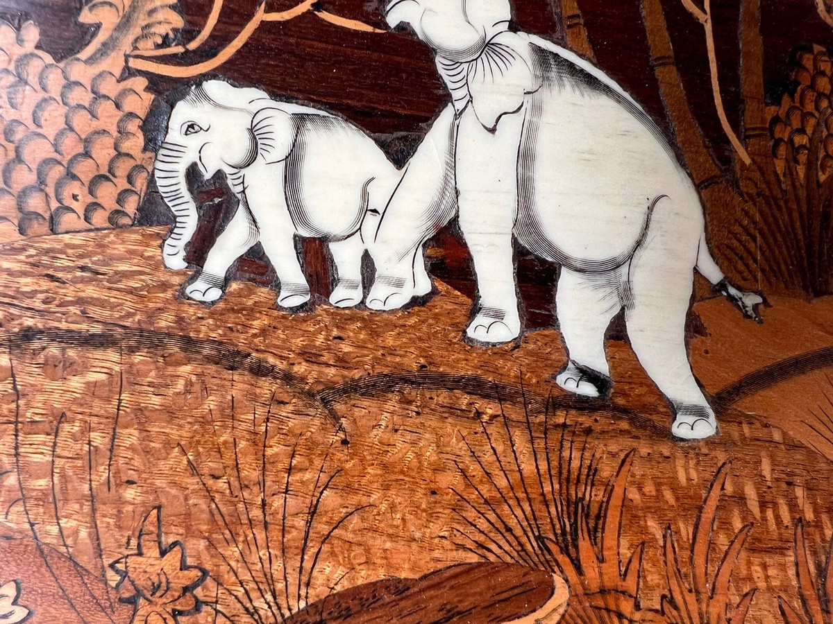 Vintage India Mysore Wood Bone Inlay elephants Hand Painted Wall  display picture 1
