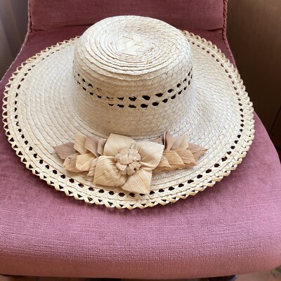 Vintage Hat Small Natural Woven Straw Wide Brim Floral Detail Sun