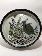 KEN EDWARDS~Tonala~Mexican Pottery~Round Dish~Platter~Green Quail Floral 10"