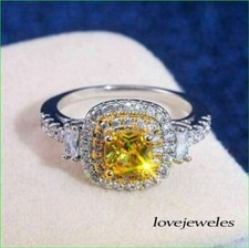 Genuine Yellow Citrine 2CT Cushion Cut Split Shank Halo Ring 14K 2-Tone Gold FN