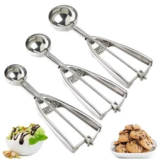 3Pcs Baking Scooper Set, Cookie Dough Ice Cream Scoop with Easy Release, Silver