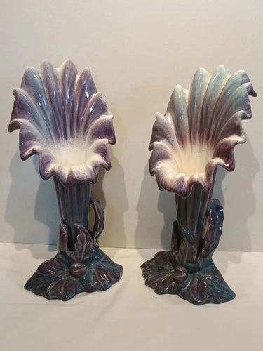 Set Of 2 Vintage Royal Hickman Royal Haeger 14"×8"×8" Lavender Trumpet Lily Vase