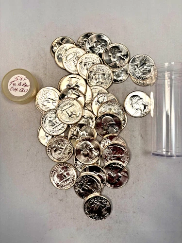 1958P WASHINGTON QUARTER 90% SILVER CH. BU BRILL. UNC. 40 COIN ROLL  TYPE B REV.