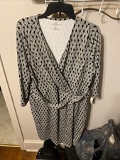 Talbots Womens Faux Wrap Dress Black White Geometric Mature Knee Length Sz 1X