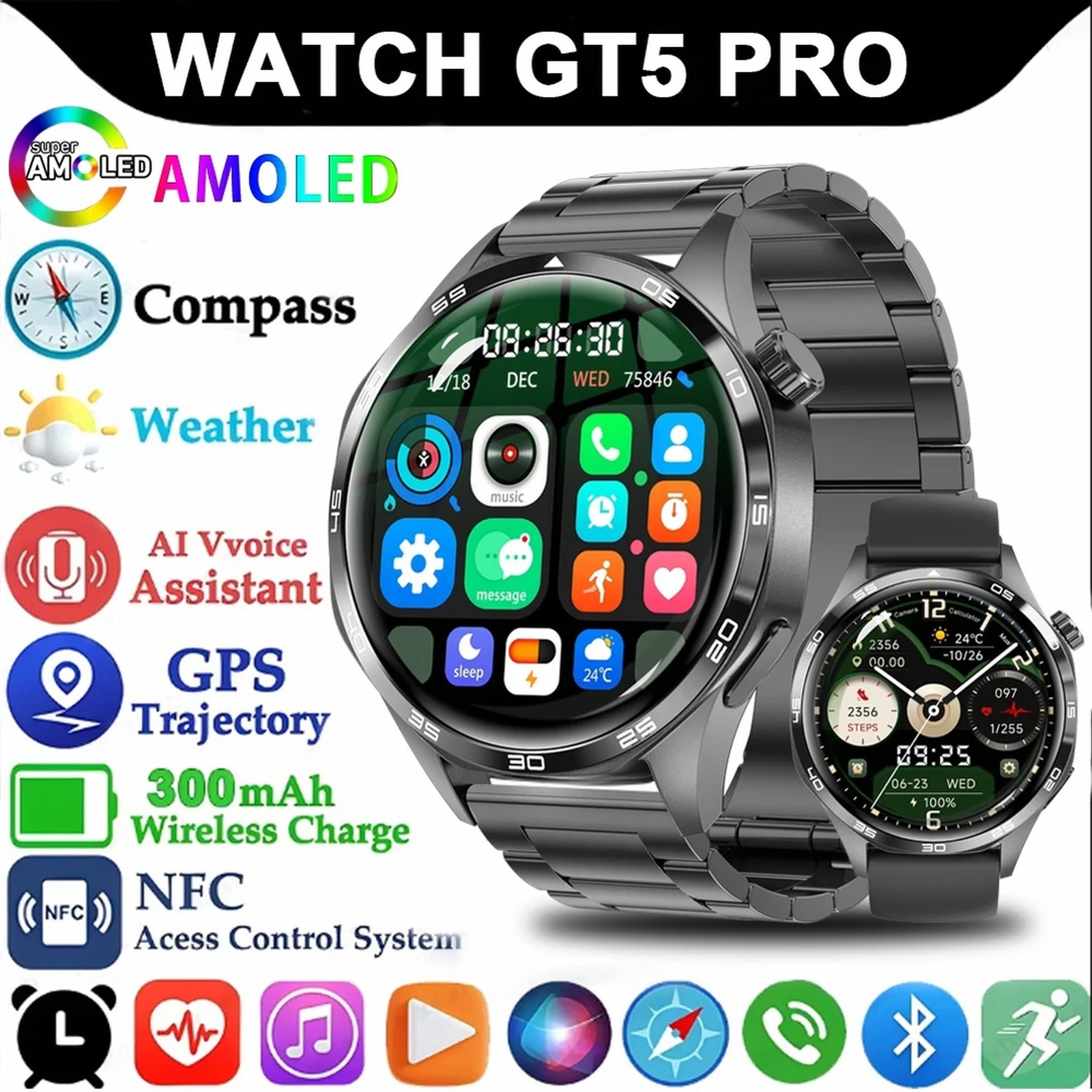 Round AMOLED Smartwatch with GPS, NFC, Health Monitoring, IP67 Waterproof