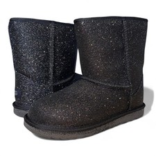 Girls' Ugg Classic Short Glitter Black Sheepskin Winter Boots  1111852K