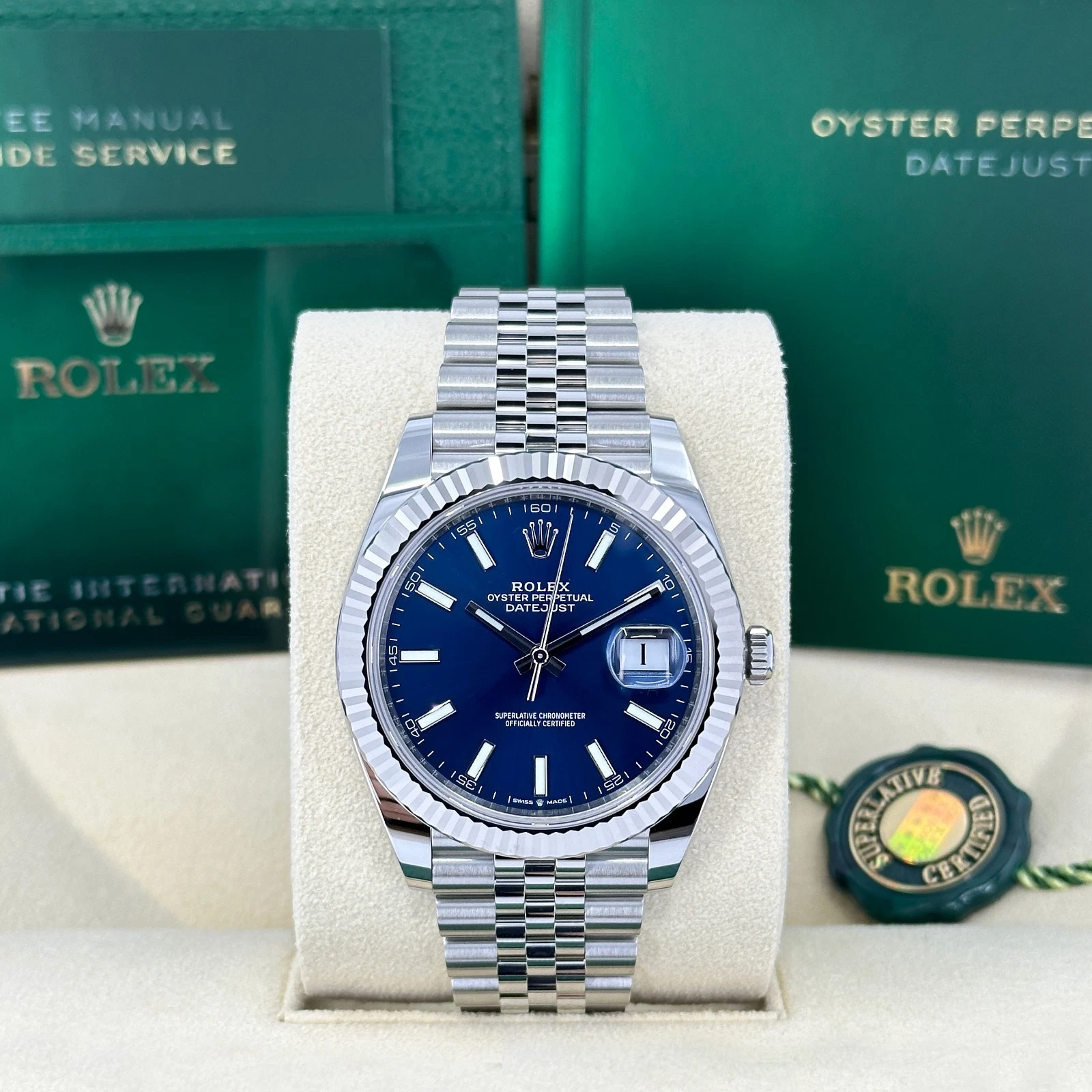 2026 Rolex Datejust 41mm, Blue Index Jubilee, Unworn Full Set