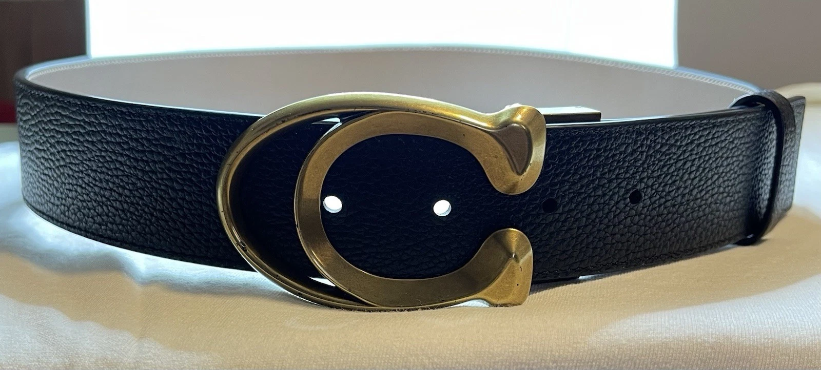 Cintura uomo Coach scolpita firma fibbia oro taglio a misura reversibile taglia 32