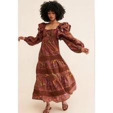Farm Rio Brown Dotted Horse Tier Maxi Dress Balloon Sleeve Sz S Boho Equestrian
