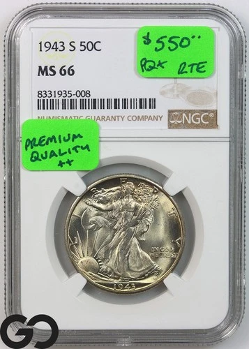1943-S Walking Liberty Half Dollar NGC MS 66 ** Absolutely Remarkable!