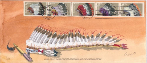 #2505A Indian Headdress Hand Drawn & Painted G. Davis cachet First Day cover