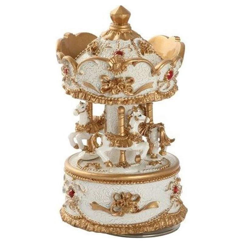 Carillon Carosello con Cavalli Bianco Oro 13 cm Musicale Soprammobile Vintage, fotografia 9 di 9